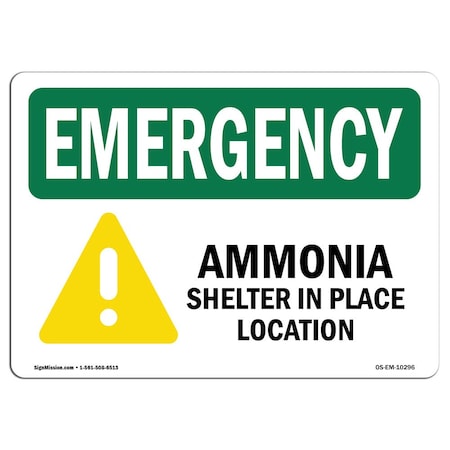 Signmission OSHA EMERGENCY, 12" Height, 18" Width, Rigid Plastic, 18" W, 12" H, Landscape, Ammonia Shelter In OS-EM-P-1218-L-10296